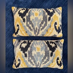 Elegant Yellow and Blue Patterned Bolster Throw Pillows (Pair)